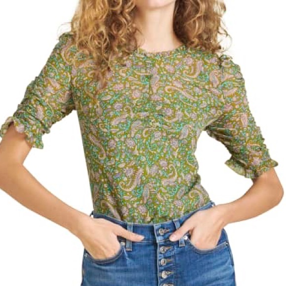 Veronica Beard Natuka Paisley Silk Ruched Short Sleeve Blouse Green Purple Top 6 - Picture 4 of 8